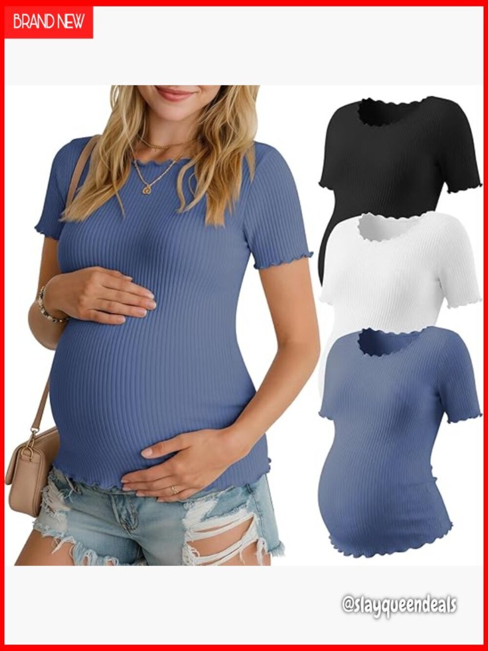 3 Pack Maternity Cotton Ribbed T-Shirts Short Sleeve Boat Neck Lettuce Trim